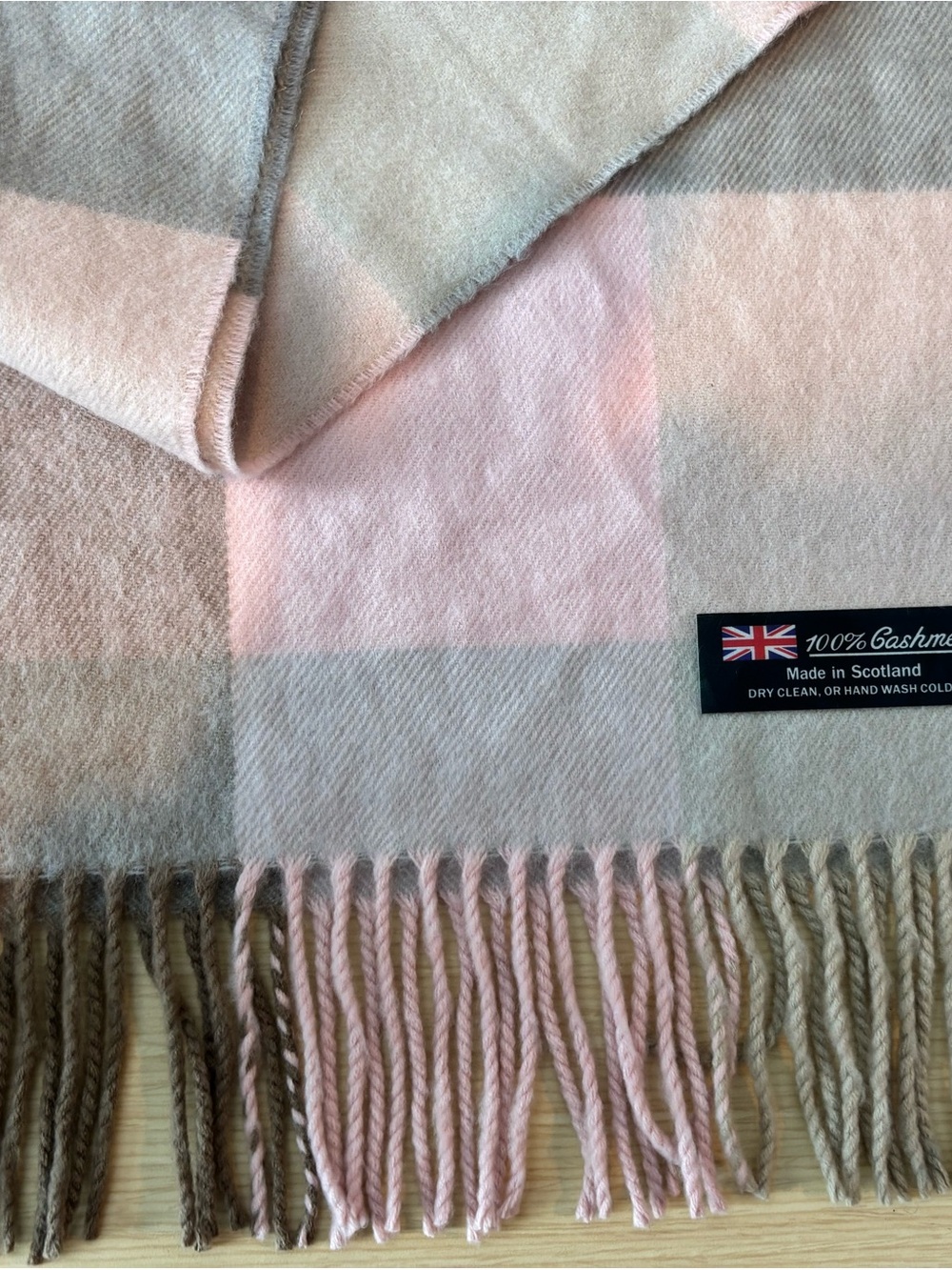 Vintage 100% Cashmere Scarf Made in Scotland Pink Gray Cream Block Plaid Fringed